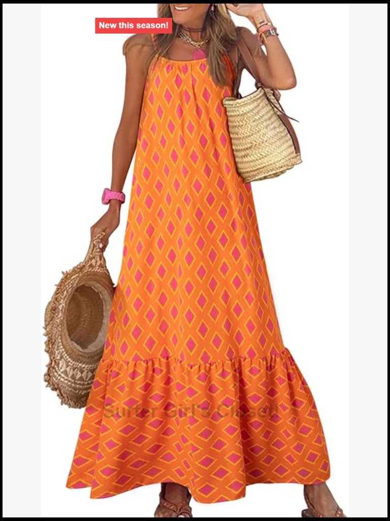Women Boho Maxi Dress Spaghetti Strap Smocked Ruffle Flowy Summer